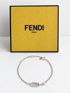 Authentic Fendi FF Crystal Chain Bracelet Silver 7.5” with Box